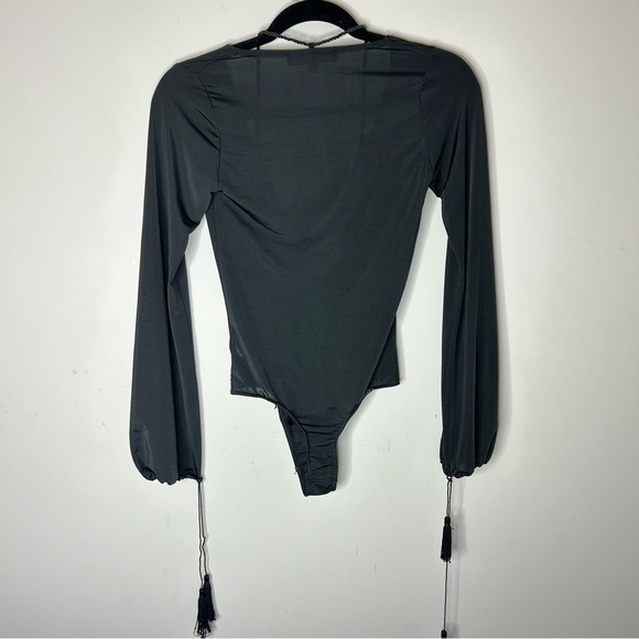 For Love and Lemons Kate Bodysuit Black Tassels Bell Sleeves Plunging V-neck S - Picture 9 of 16
